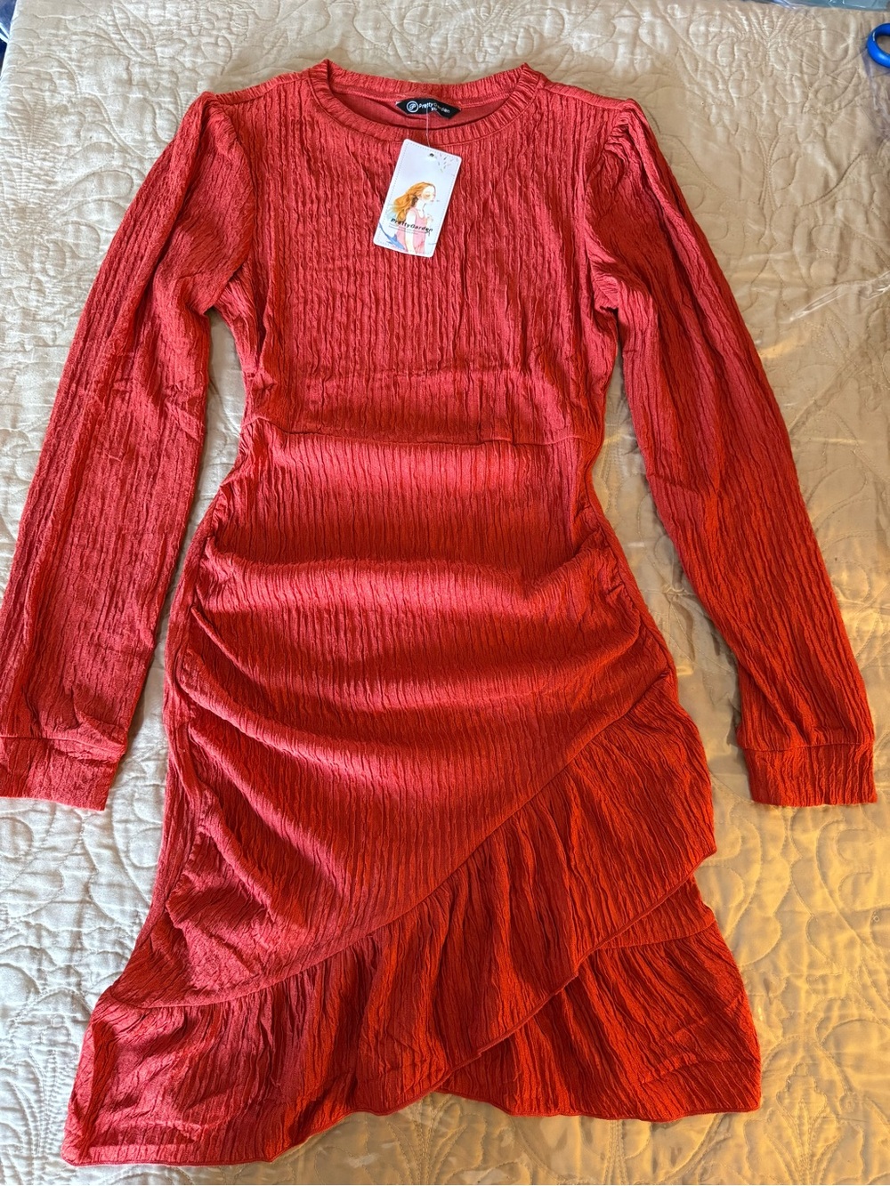 Ruched Red Long-Sleeve Casual Dress with Ruffle Hem